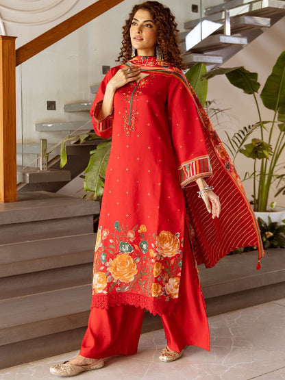 Dhiyona SN Printed & Embroidered V Neck Kurta, Palazzo & Dupatta Set
