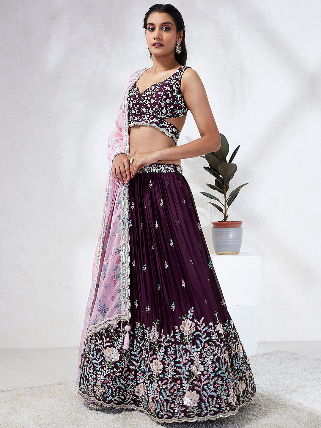 Women Burgundy Georgette Sequins, Mirror and thread embroidery  Lehenga choli & Dupatta