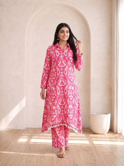 ARANYA ROSE IKAT PRINT PREMIUM PURE COTTON KURTA PANT SET