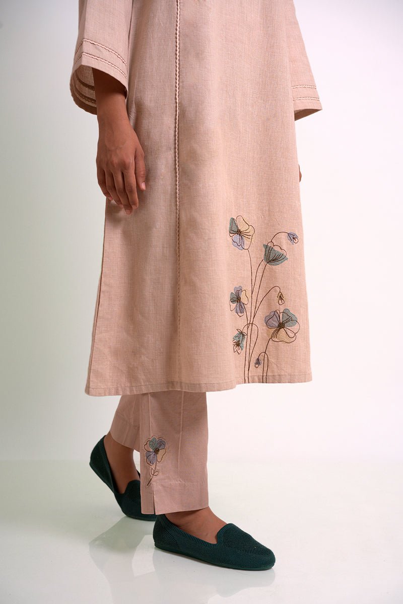 Women's Beige Cotton Woven Kurta With Cotton Bottom