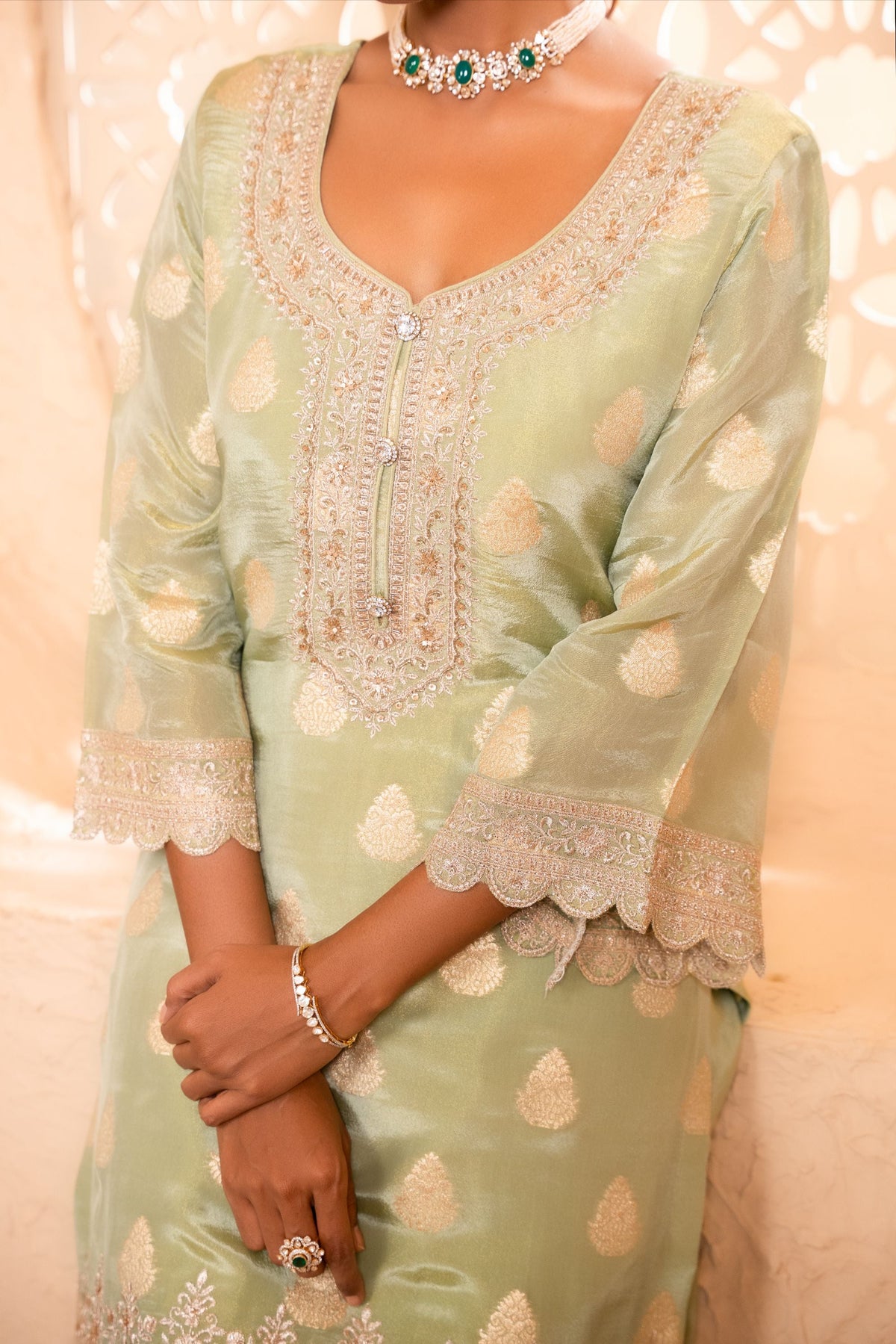 Isvan Tissue Embroidered Green  Suit Set
