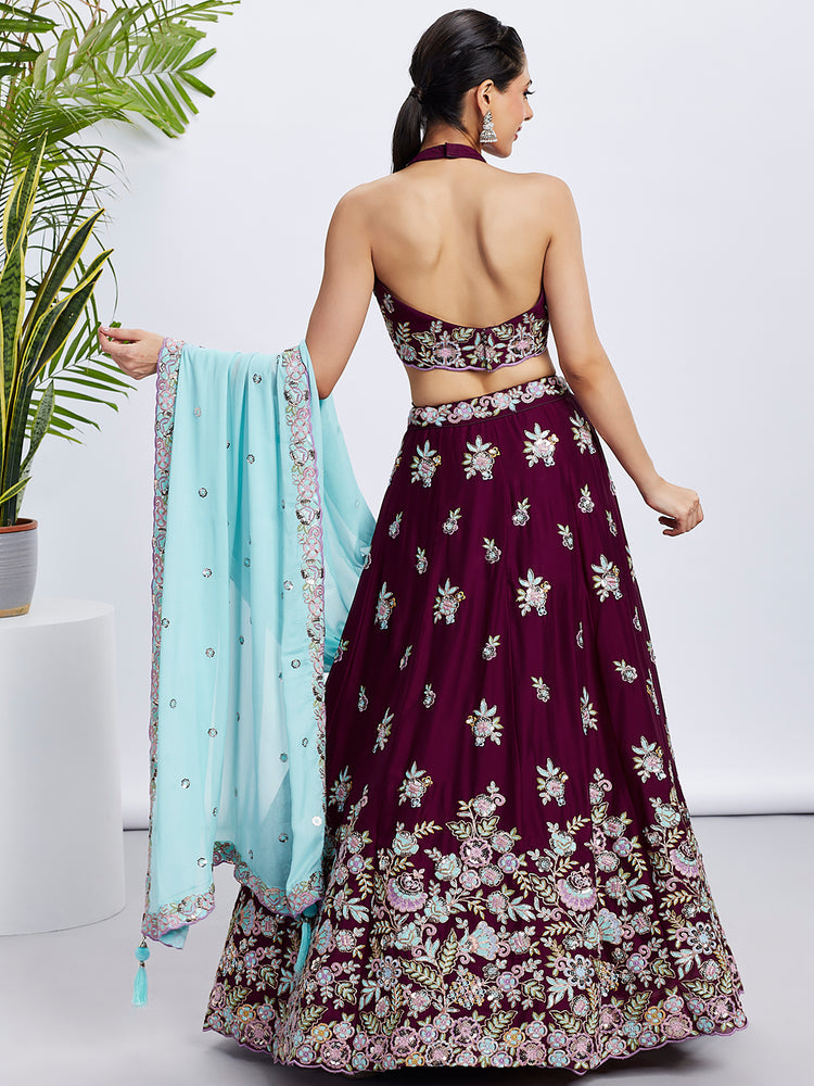 Women Burgundy Pure Georgette Sequins and thread embroidery  Lehenga choli & Dupatta