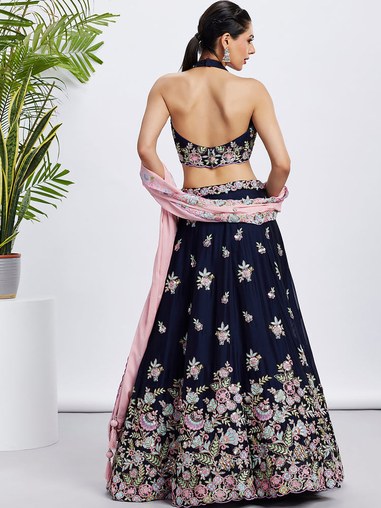 Women Navy blue Pure Georgette Sequins and thread embroidery  Lehenga choli & Dupatta
