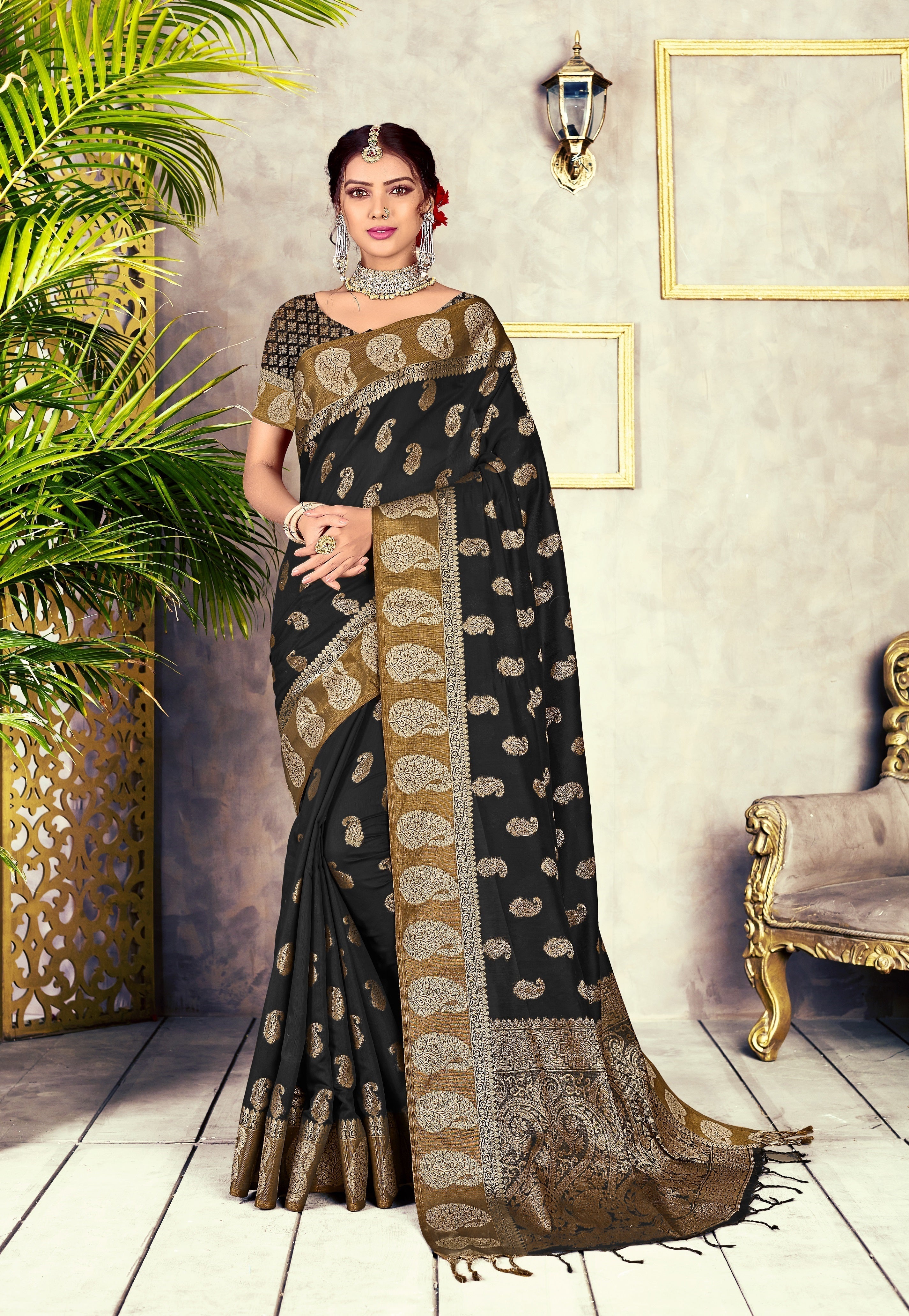 Dhiyona GR Women's GJ Black Diamond Jade Black Zari Woven Design Cotton Blend Saree