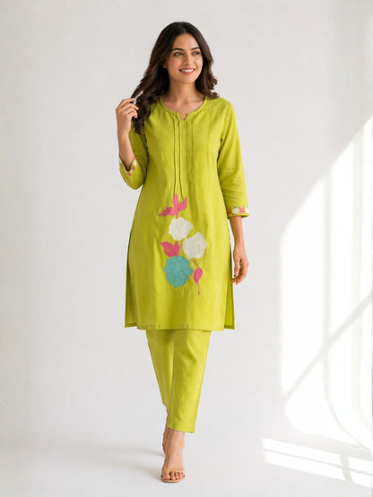 Jayna Lime Embroidered Kurta Pant Set