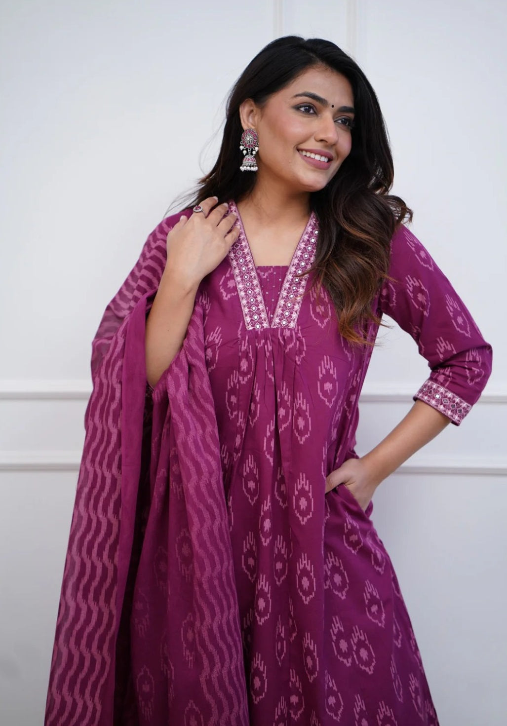 Women Pink Anarkali Kurta And Pant Set With Dupatta