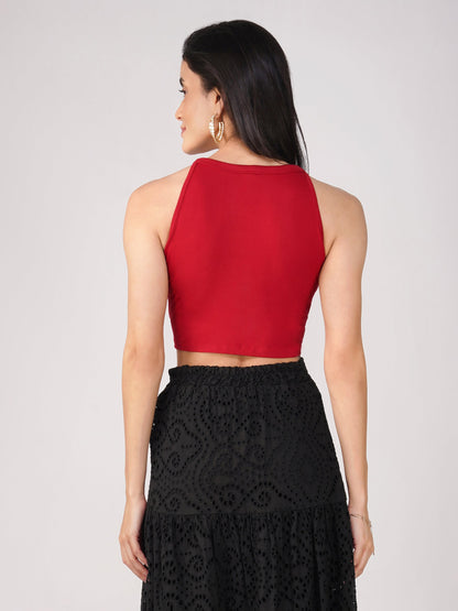 Dhiyona ST Women's Stretchy Knitted Halter Neck Red Crop Top