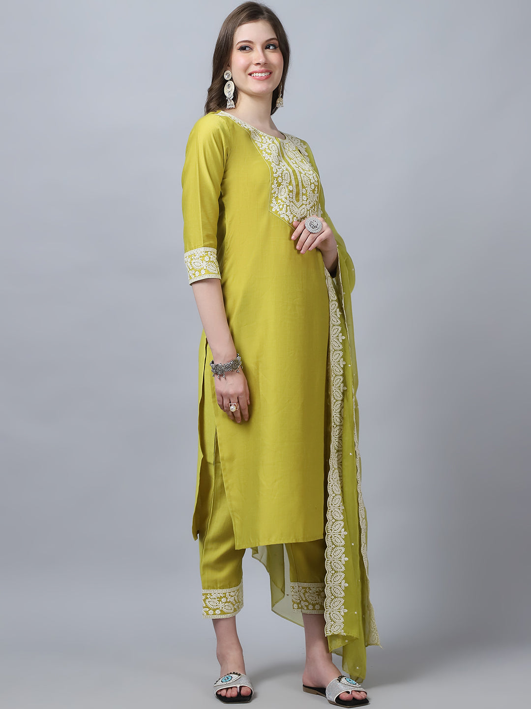 Women's Yellow Embroidery  silk  Kurta, Pant And Dupatta Set