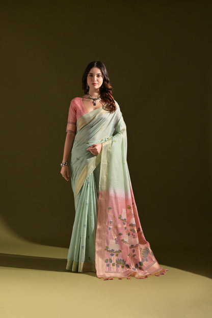 Dhiyona GR Women's Siara Sea Green Muga Cotton Saree