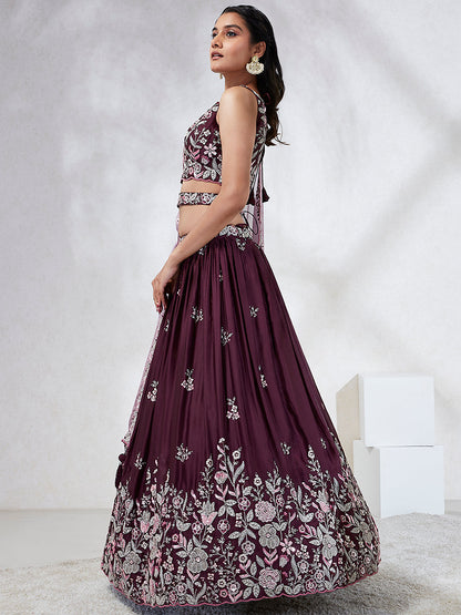 Women Burgundy Pure Georgette Sequins and thread embroidery  Lehenga choli & Dupatta