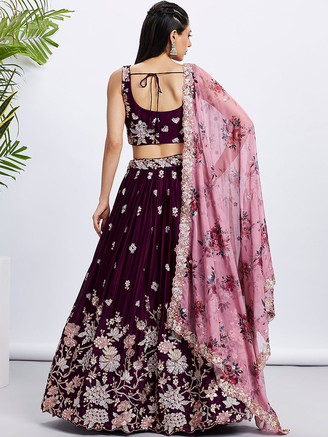 Women Burgundy Pure Georgette Sequins and thread embroidery  Lehenga choli & Dupatta