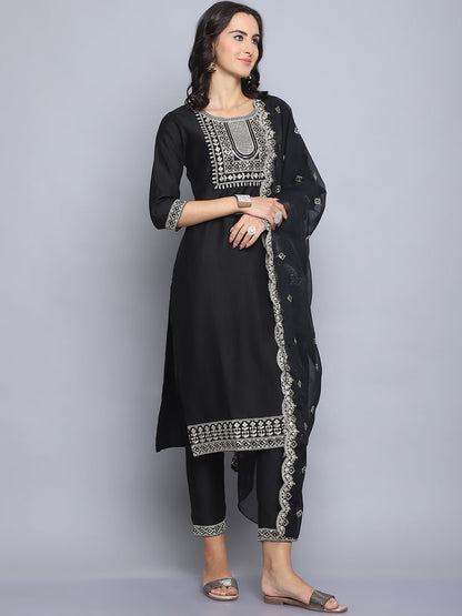 Women Black Embroidery silk Kurta And Pant Set With Dupatta