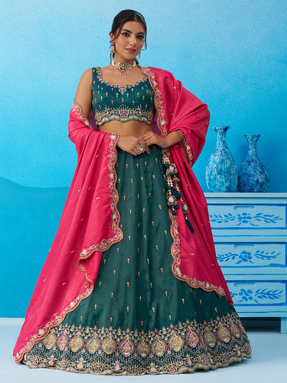 Teal- Cosmos Silk Beads & Sequins Embroidered Semi-Stitched Lehenga & Unstitched Blouse With Dupatta