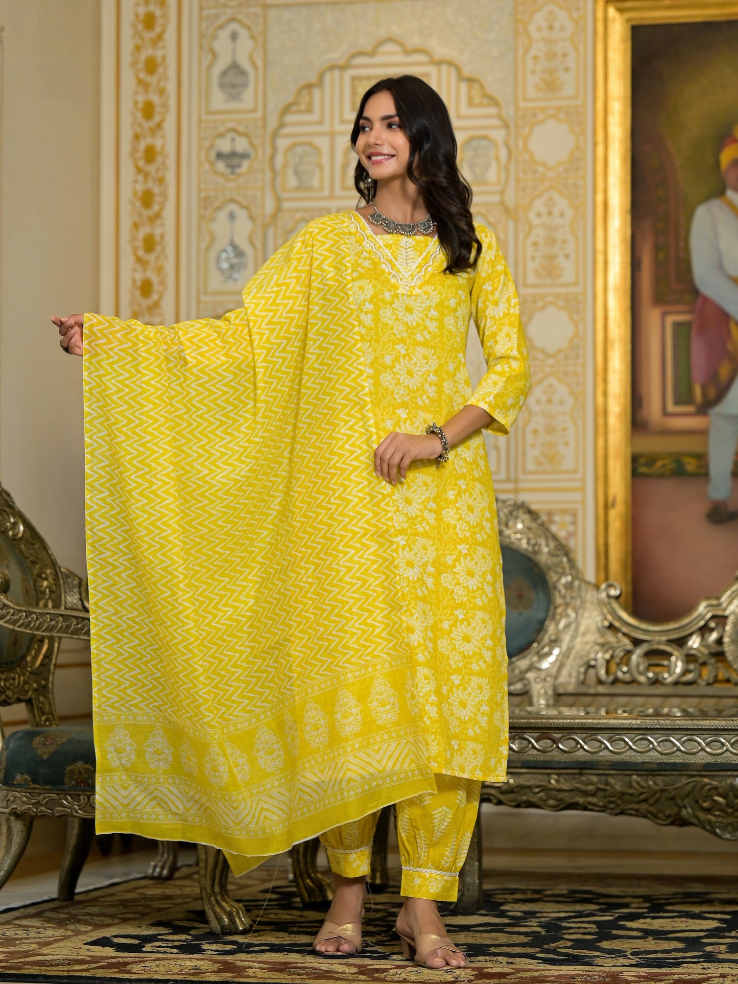 Women Yellow Embroidery Viscose Rayon Kurta, Pant And Dupatta Set