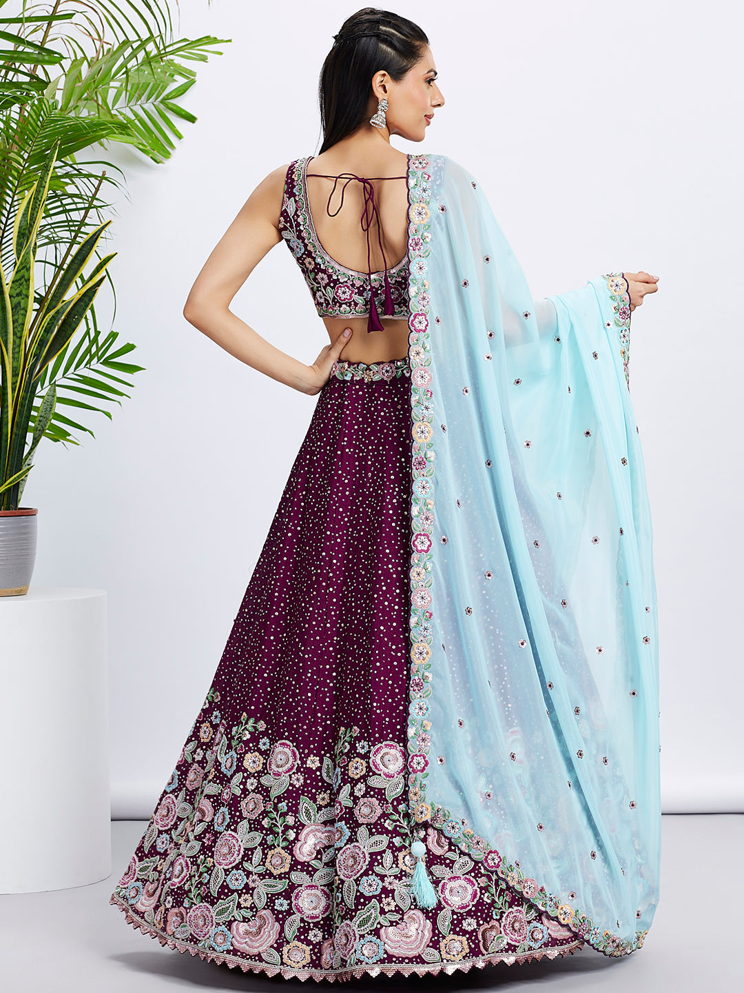 Women Burgundy Pure Chiffon Sequins and thread embroidery  Lehenga choli & Dupatta