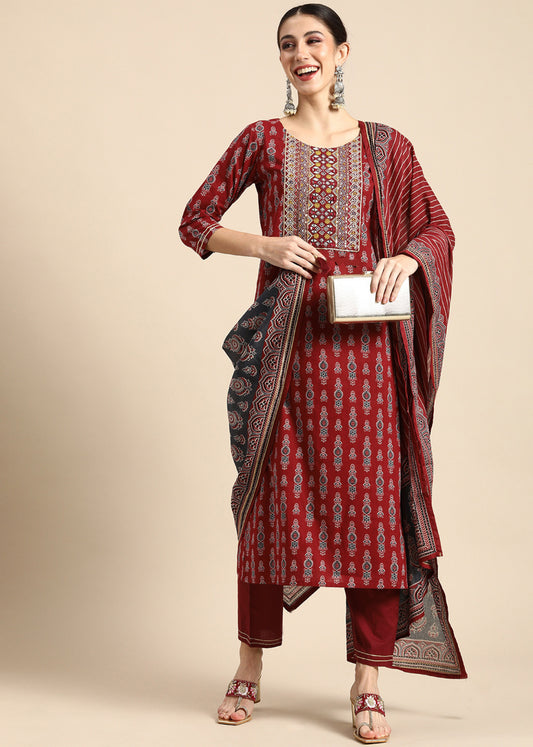 Women Viscose Red Kurta And Pant Set With Dupatta