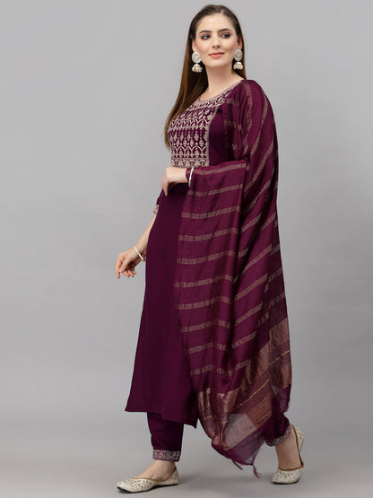 Women Wine Embroidery silk Kurta And Pant Set With Dupatta