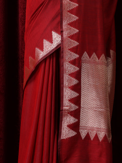 Dhiyona ST Banaras Red Temple Mul Mul Cotton Silk Saree with Blouse Fabric