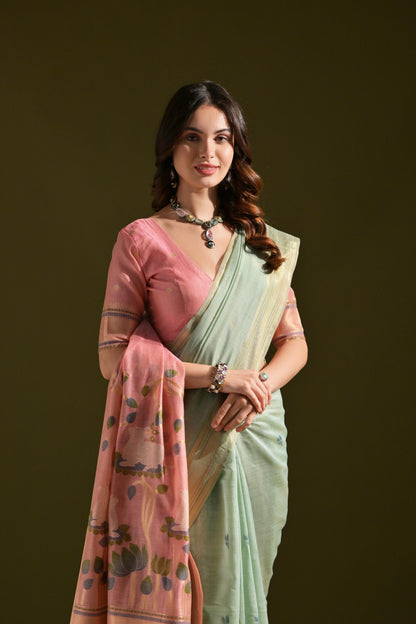 Dhiyona GR Women's Siara Sea Green Muga Cotton Saree