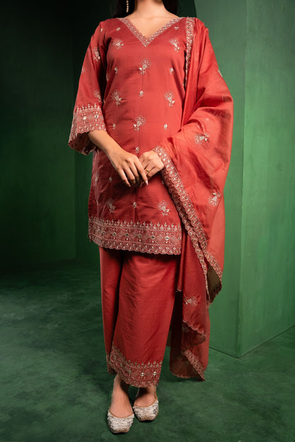 Noor Chanderi Embroidered Rust  Suit Set
