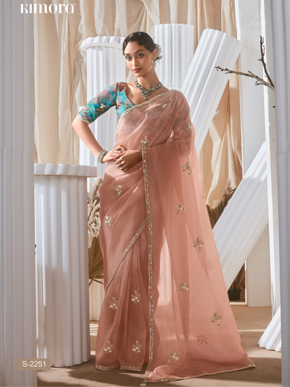 Dhiyona KM Women Peach Designer Organza Saree: Effortless Elegance For Every Occasion