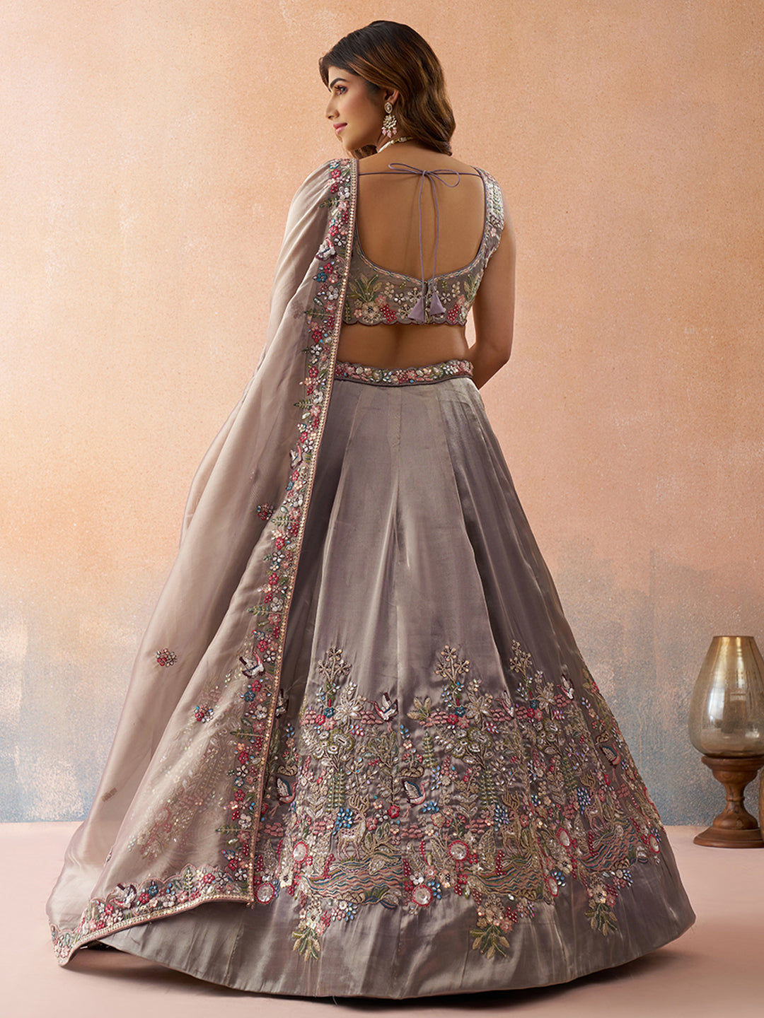 Lavender- Tissue Sequinned with Zarkan Embroidered Semi-Stitched Lehenga & Unstitched Blouse With Dupatta
