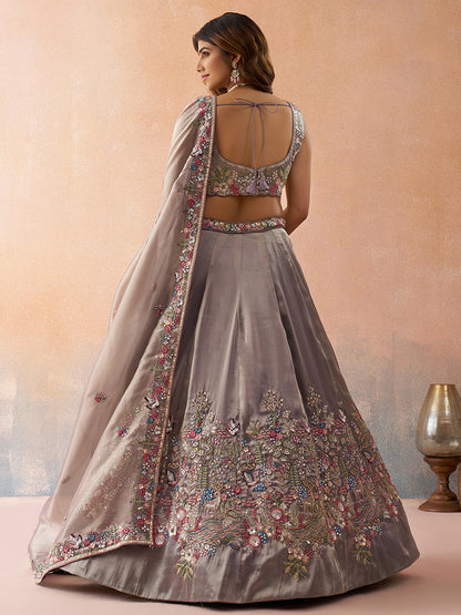 Lavender- Tissue Sequinned with Zarkan Embroidered Semi-Stitched Lehenga & Unstitched Blouse With Dupatta