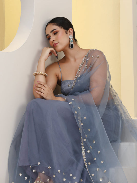 Dhiyona ST Blue Cloud Hand Embroidered Saree with Blouse Fabric