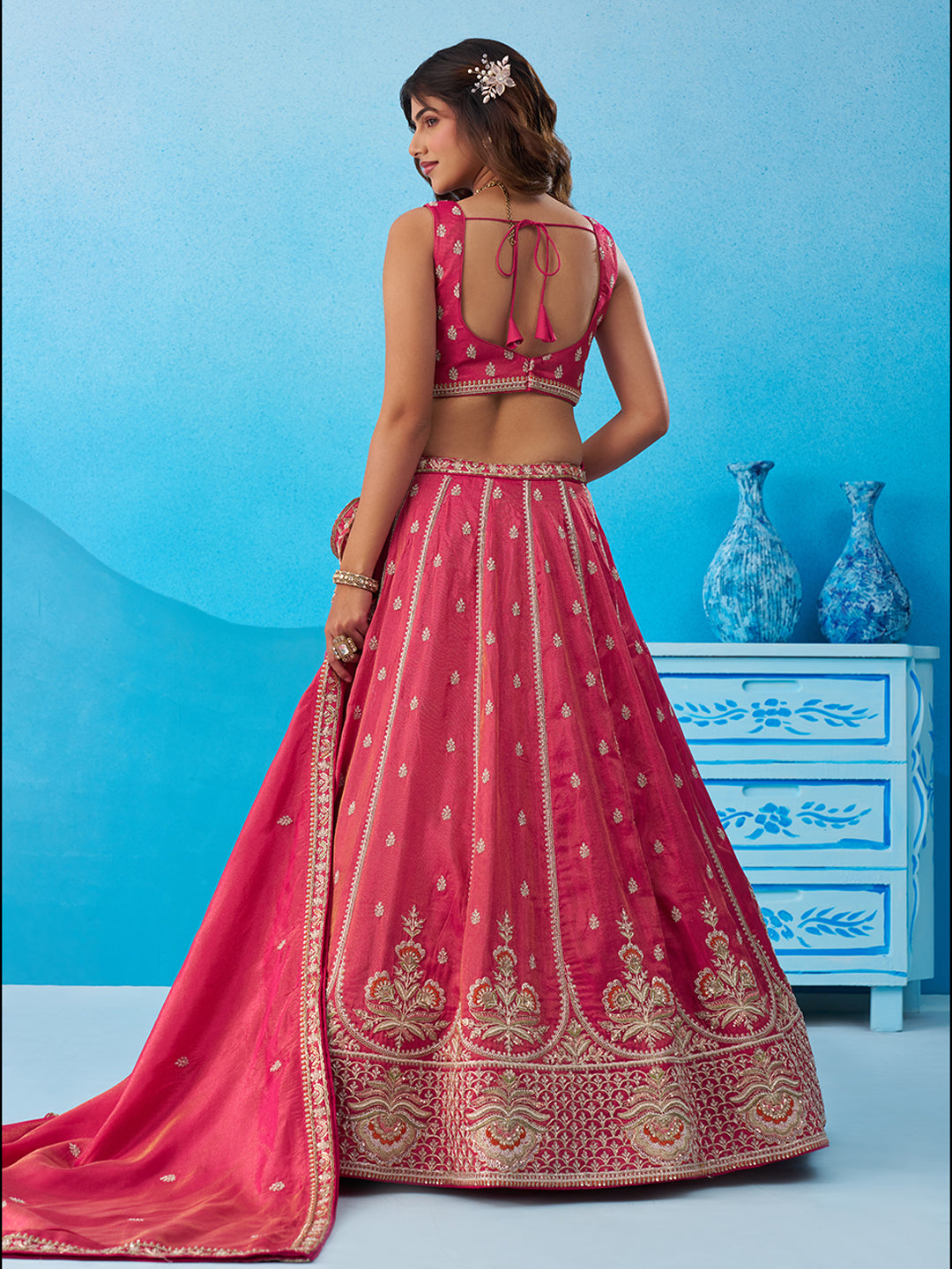 Pink- Tissue Beads & Sequins Embroidered Semi-Stitched Lehenga & Unstitched Blouse With Dupatta