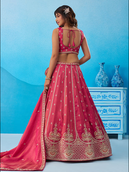 Pink- Tissue Beads & Sequins Embroidered Semi-Stitched Lehenga & Unstitched Blouse With Dupatta