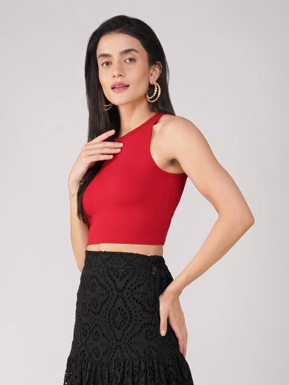 Dhiyona ST Women's Stretchy Knitted Halter Neck Red Crop Top