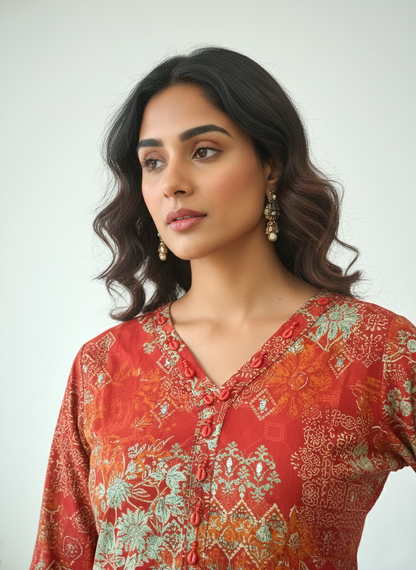 Reet Carmine Printed Work Suit Set