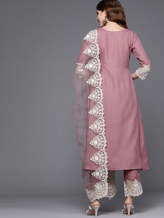 Women Pink Anarkali Kurta And Pant Set With Dupatta