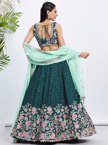 Women Green Pure Chiffon Sequins and thread embroidery  Lehenga choli & Dupatta