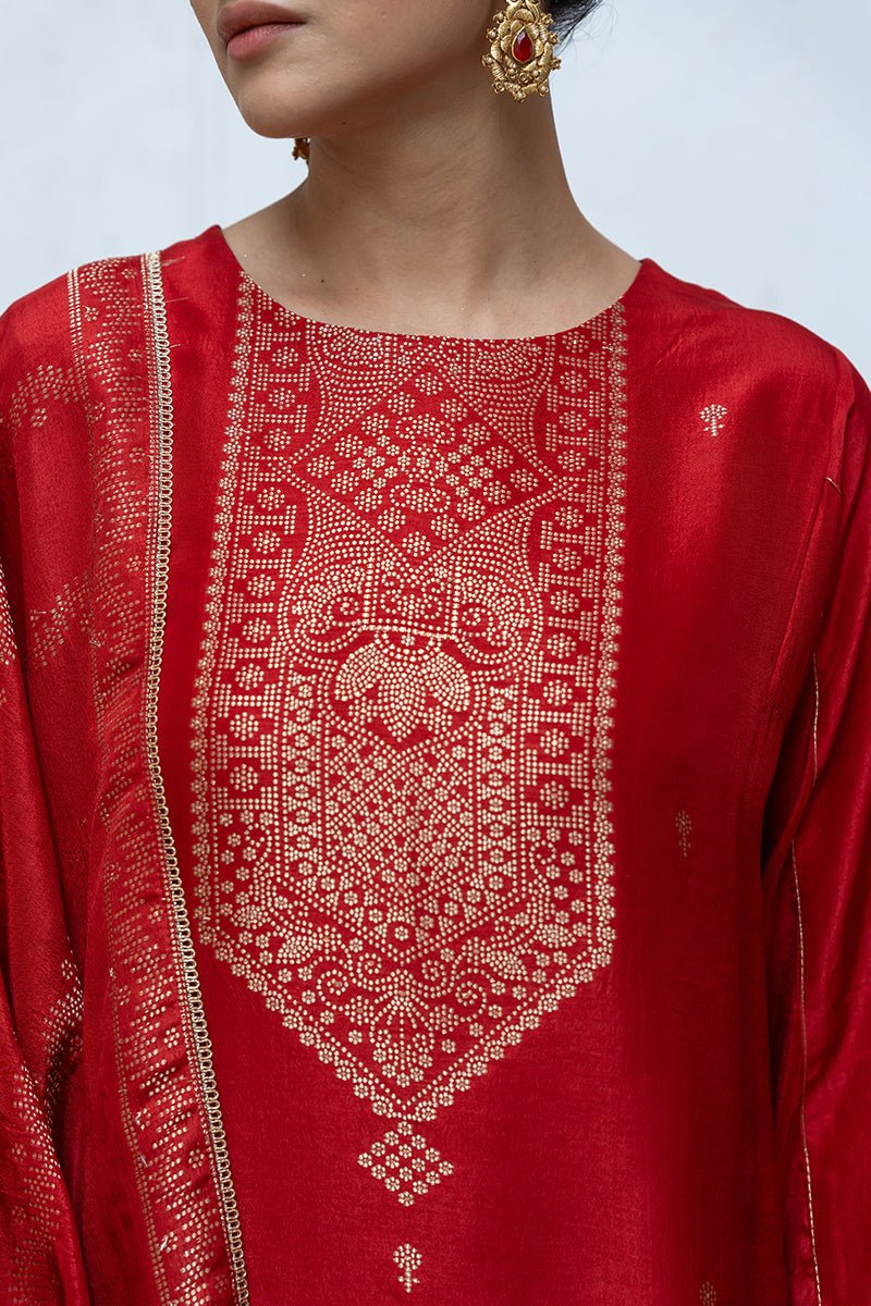 Women's Salsa Red Woven Salwar Suit With Zari Woven Raw Silk Dupatta