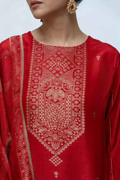 Women's Salsa Red Woven Salwar Suit With Zari Woven Raw Silk Dupatta