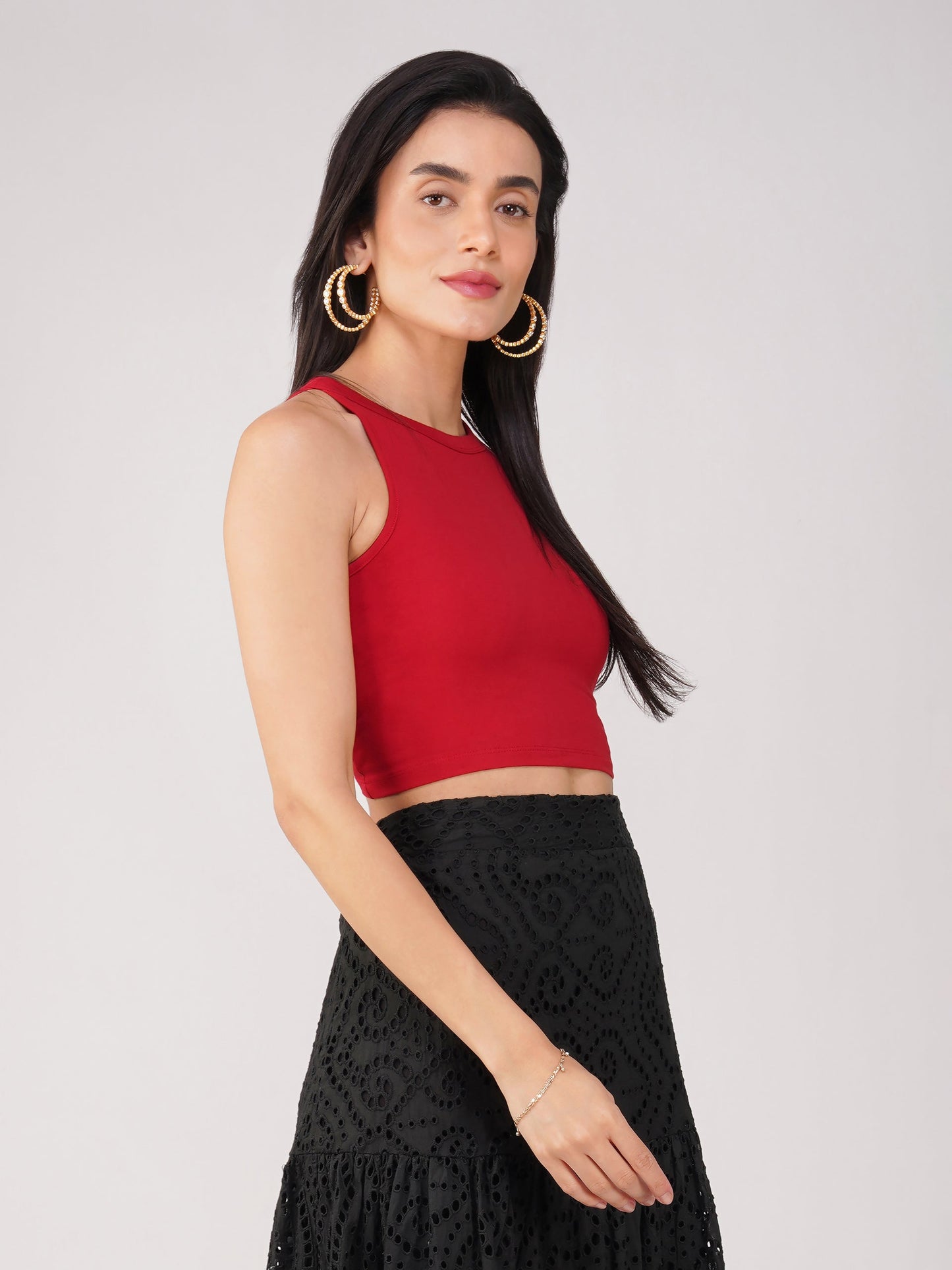 Dhiyona ST Women's Stretchy Knitted Halter Neck Red Crop Top