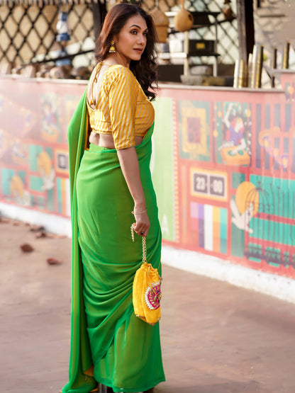 Dhiyona ST Pre-Draped 1-Minute Enchanting Green Georgette And Yellow Satin Saree with Blouse Fabric