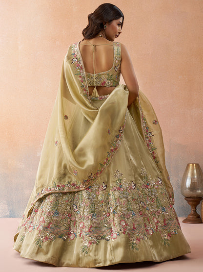 Beige- Tissue Sequinned with Zarkan Embroidered Semi-Stitched Lehenga & Unstitched Blouse With Dupatta