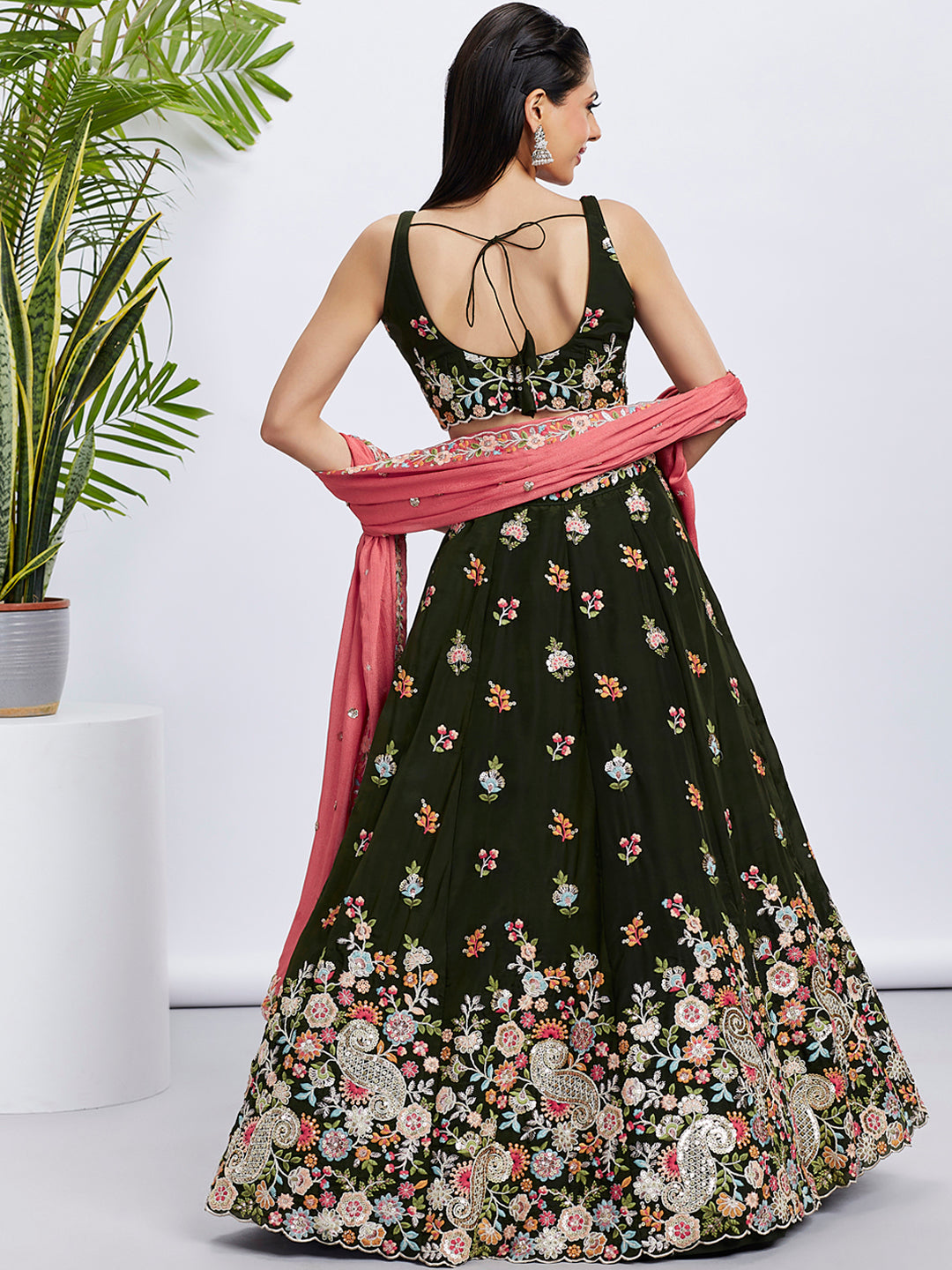 Women Olive Organza Sequins and thread embroidery  Lehenga choli & Dupatta