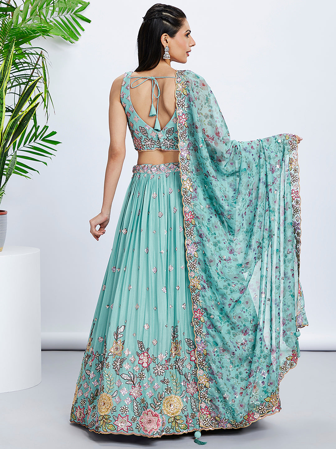 Women Turquoise blue Chiffon Sequins and thread embroidery  Lehenga choli & Printed Dupatta