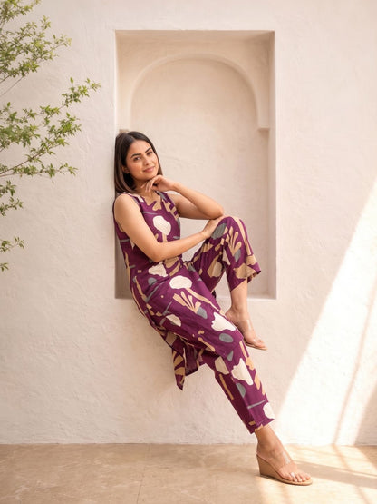 Sarika Plum Printed Sleeveless Kurta Pant Set