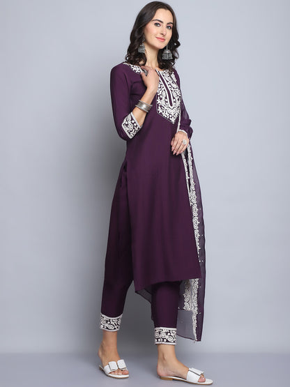 Women's Wine Embroidery  silk  Kurta, Pant And Dupatta Set