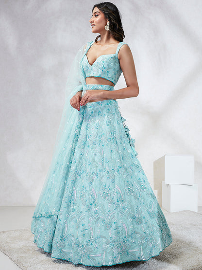 Women Turquoise Blue Georgette Sequins and thread embroidery  Lehenga choli & Dupatta