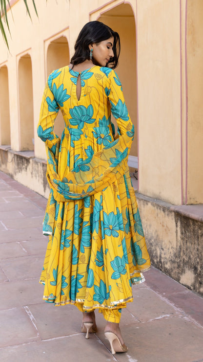 Blue Carnation Muslin Anarkali Set