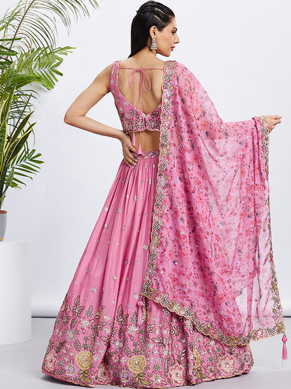 Women Pink Chiffon Sequins and thread embroidery  Lehenga choli & Printed Dupatta