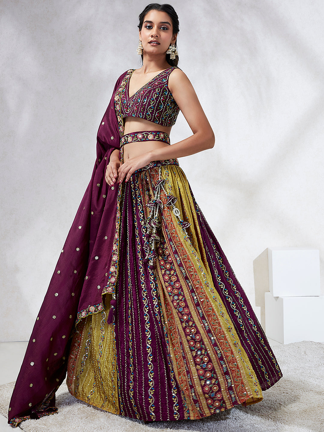 Women Burgundy Chiffon Position print with Sequins embroidery  Lehenga choli & Dupatta