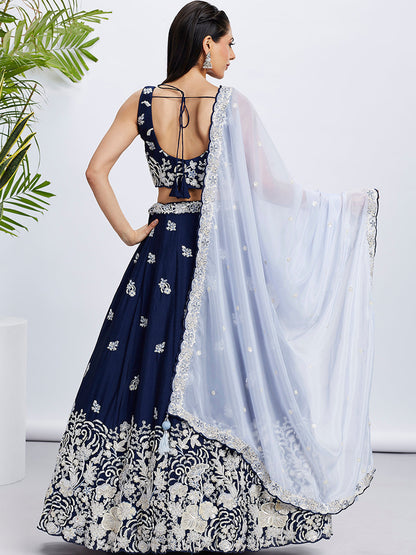 Women Navy blue Pure Georgette Sequins and thread embroidery  Lehenga choli & Dupatta