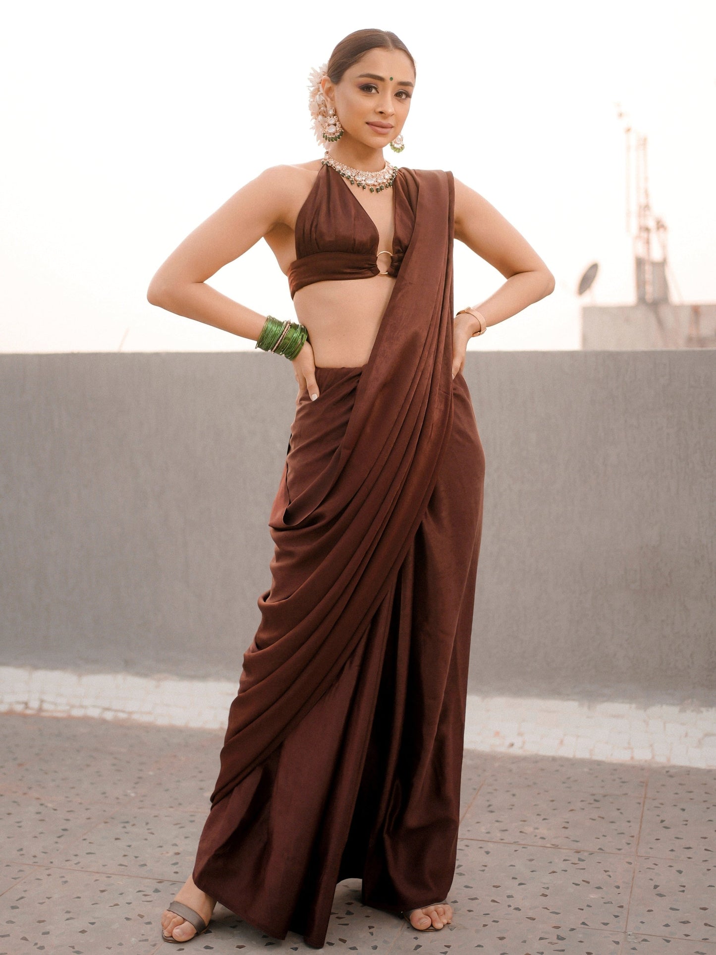 Dhiyona ST Romano Coffee Posh Saree with Diamonds and Blouse Fabric