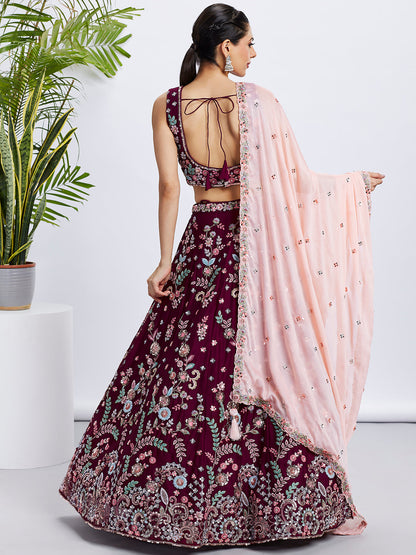 Women Burgundy Pure Georgette Sequins and thread embroidery  Lehenga choli & Dupatta